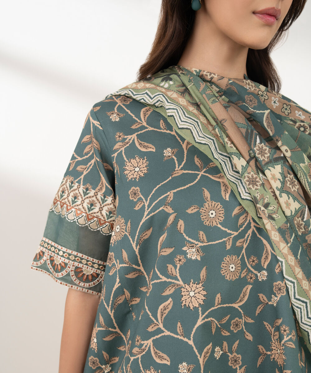 Women's Unstitched Lawn Printed Green 3 Piece Suit