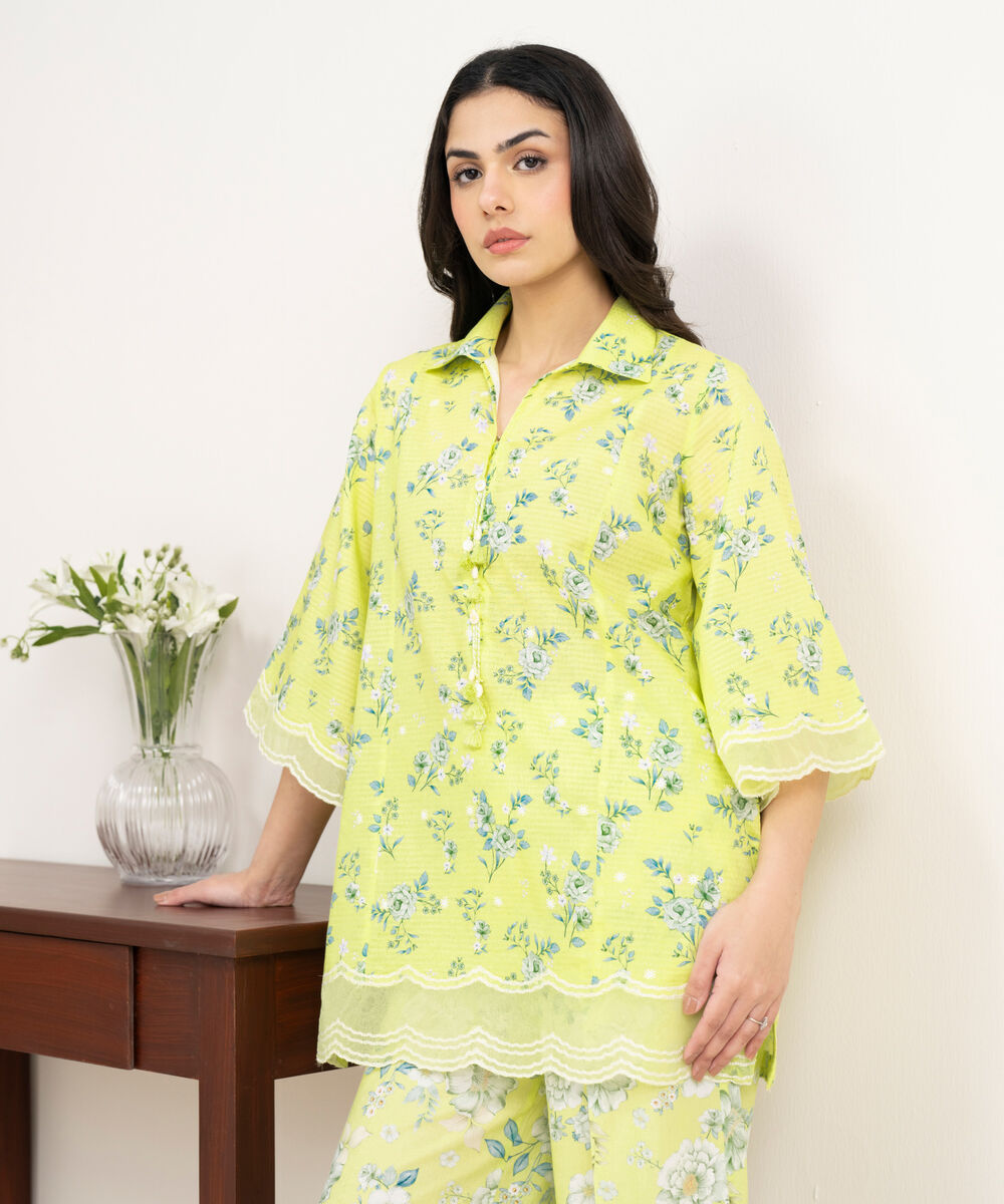 Women's RTW Dobby Embroidered Green Straight Shirt