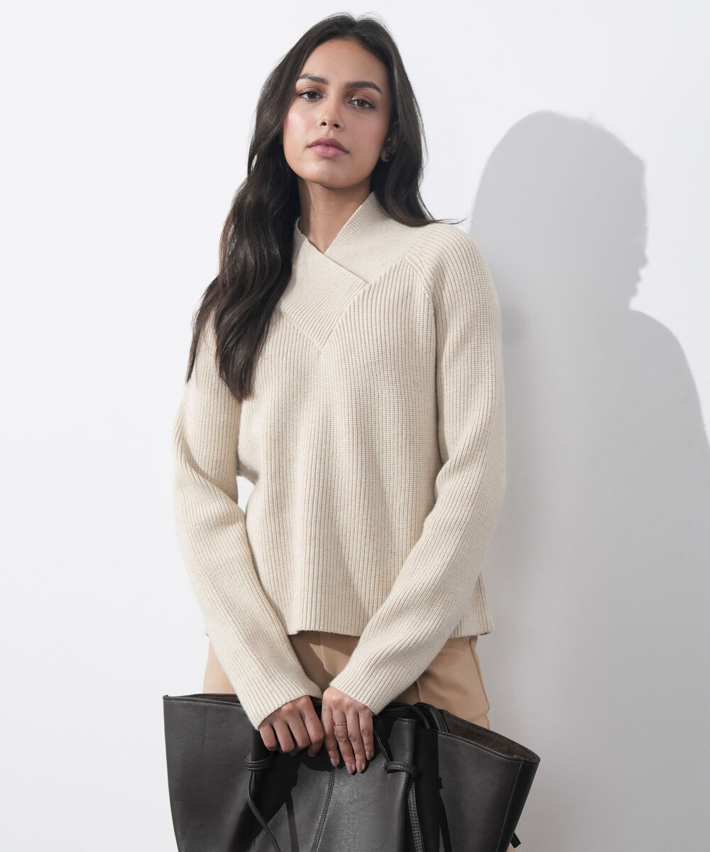 Women's Western Wear Almond Cross-Over High Neck Sweater