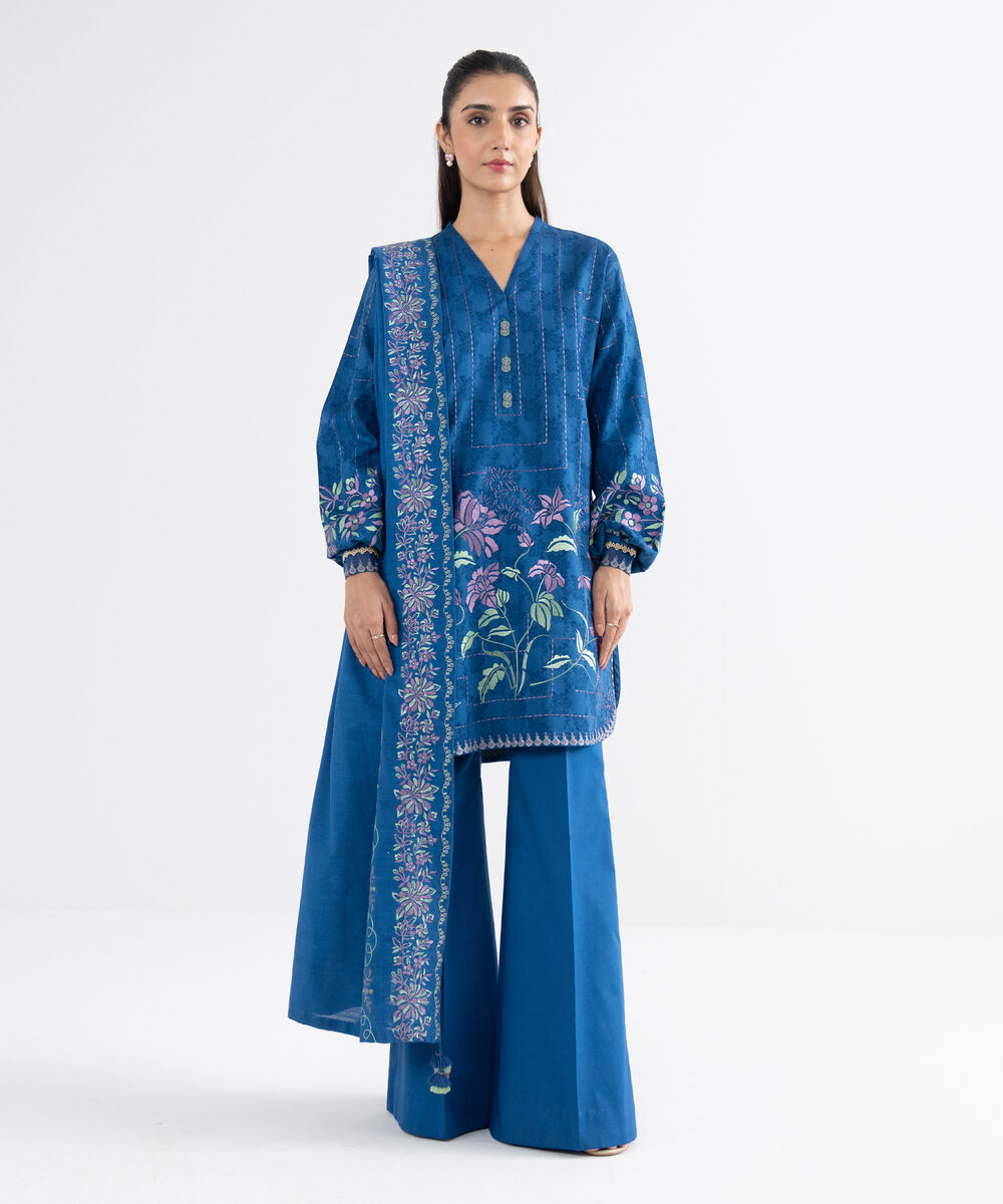 Women's Unstitched Embroidered Cotton Jacquard Blue 3 Piece Suit