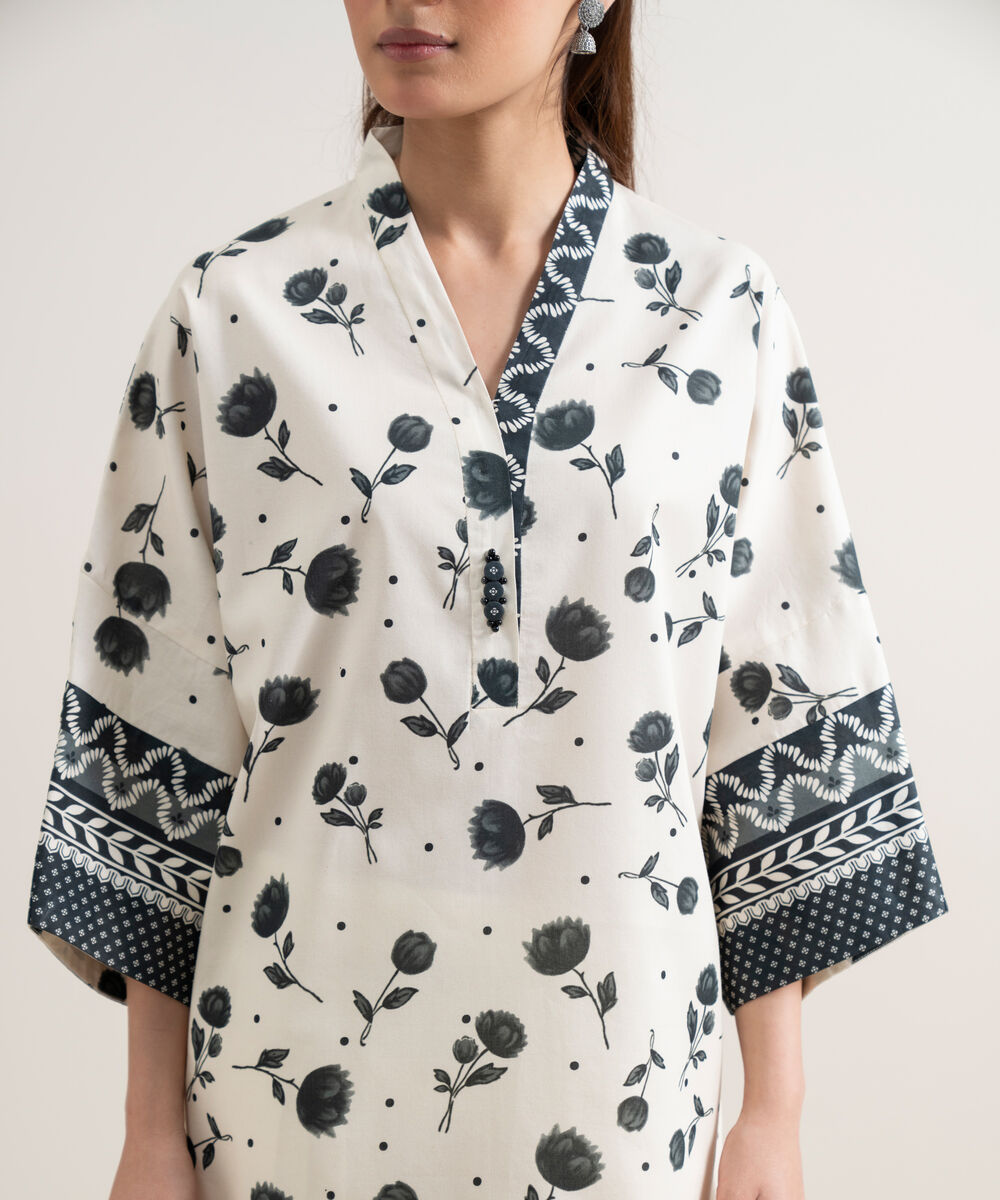 Women's Unstitched Lawn Printed Black and Off White 2 Piece Suit