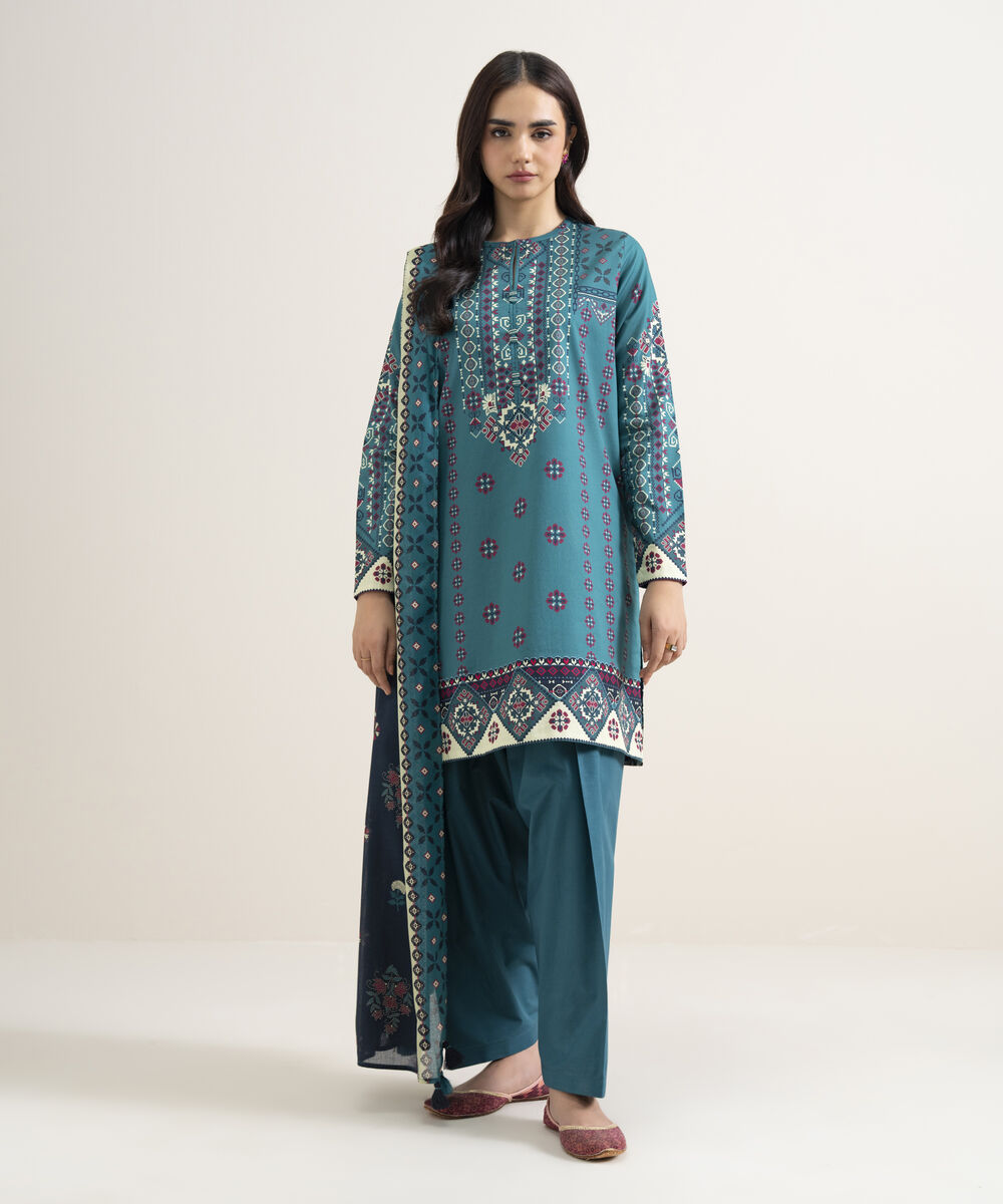 Women's Unstitched Lawn Printed Blue  3 Piece Suit