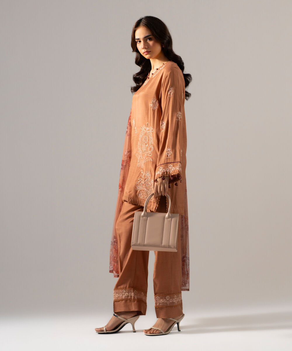 Women's RTW PK Raw Silk Solid Embroidered Brown 3 Piece Suit