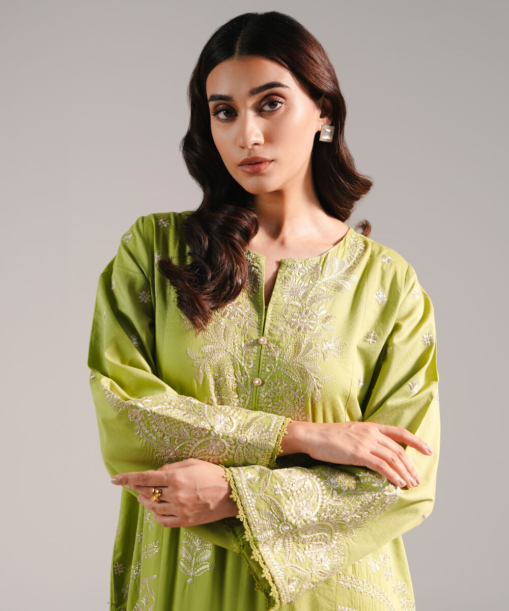 Women's RTW Dobby Embroidered Green 2 Piece Suit