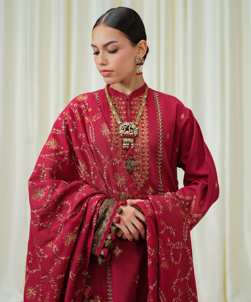 Women's Unstitched Cotton Karandi Embroidered Red 3 Piece Suit