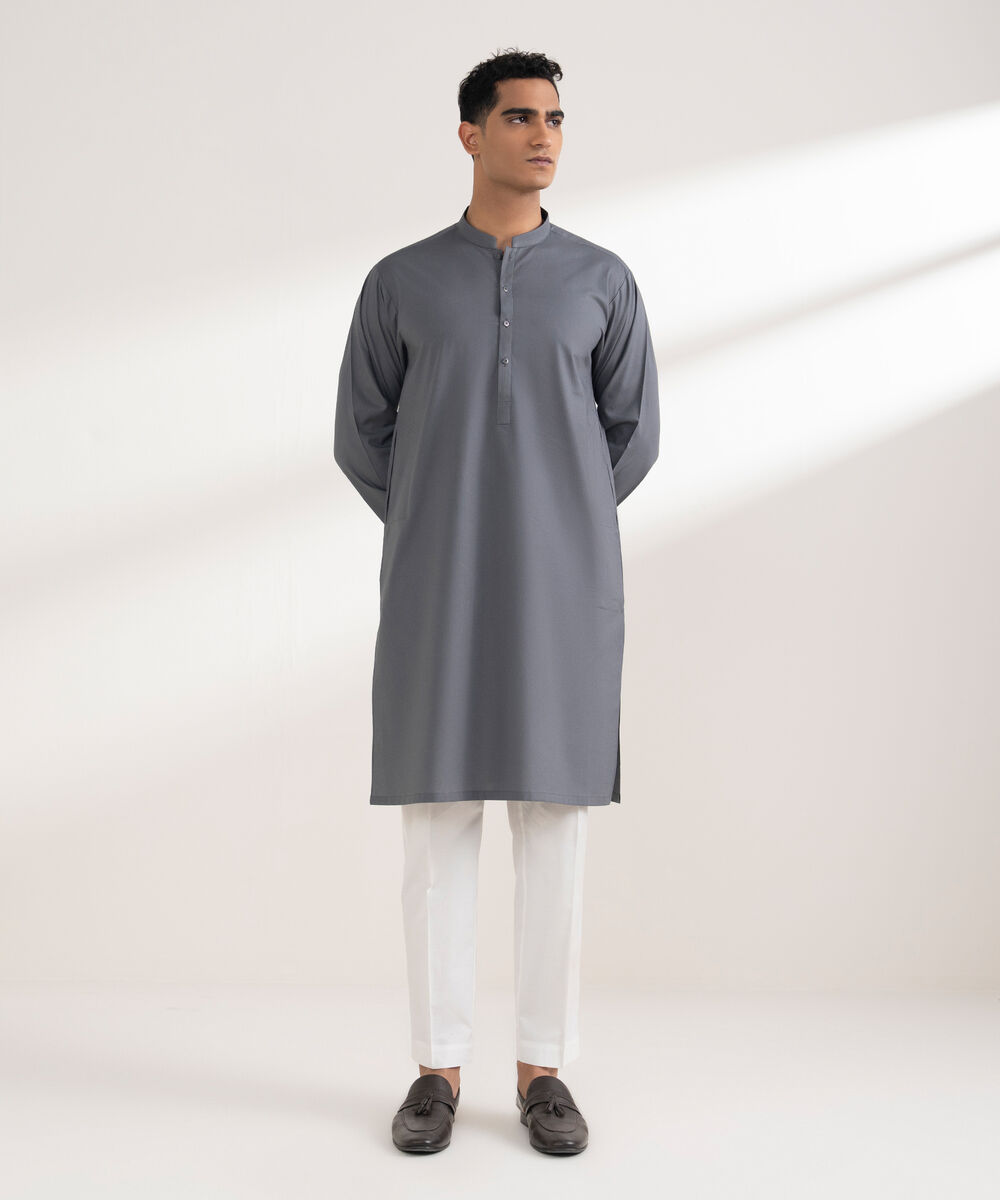 Men's Stitched Cotton Dobby Grey Kurta