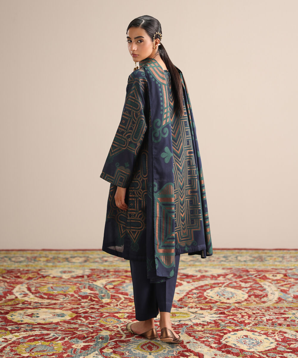 Women's RTW Extra Weft Jacquard Blue Solid Drop Shoulder Shirt