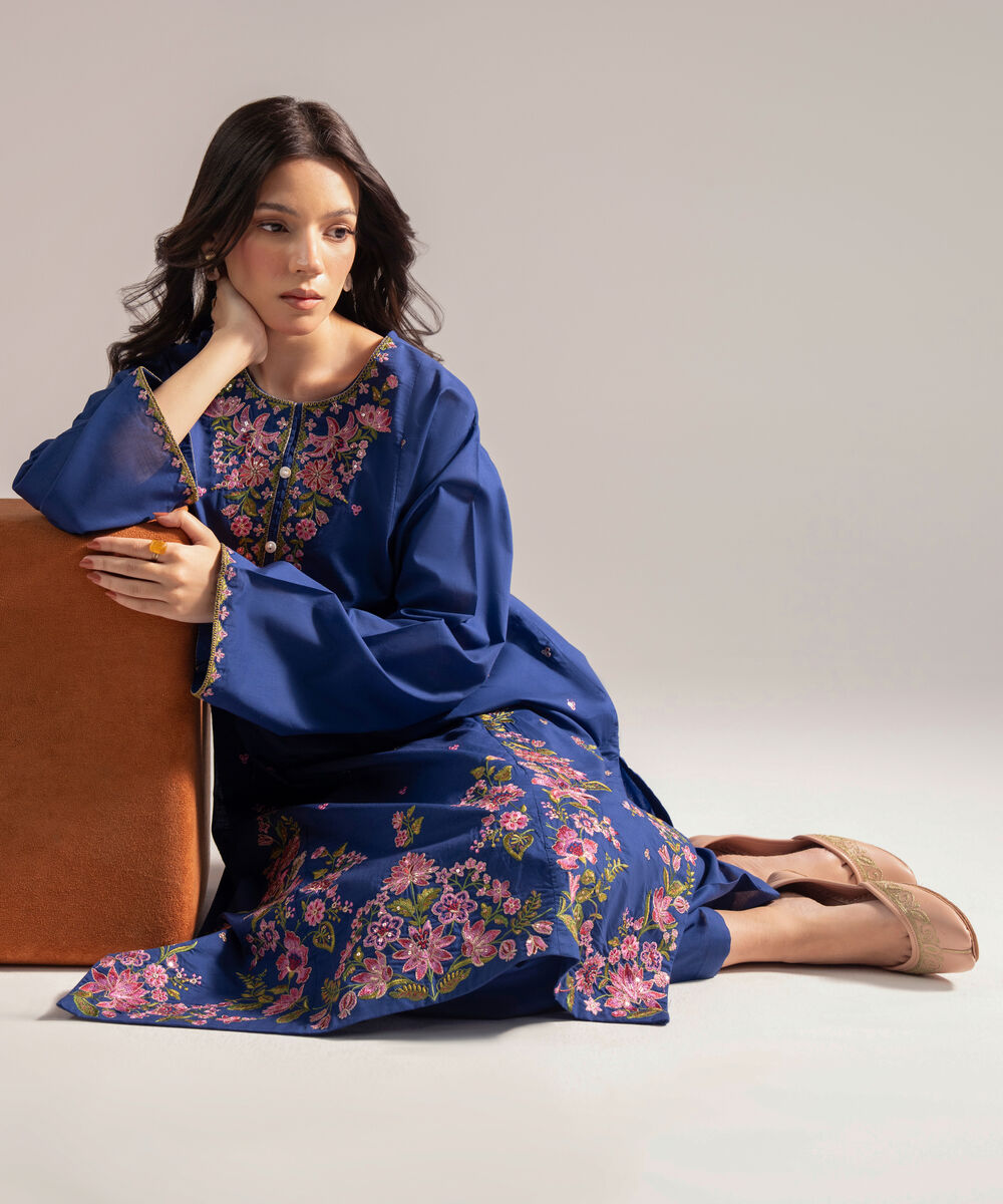 Women's RTW Slub Lawn Embroidered Straight Dark Blue Shirt