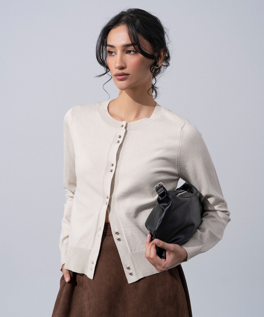 Women's Western Wear Off White Round Neck Knit Cardigan