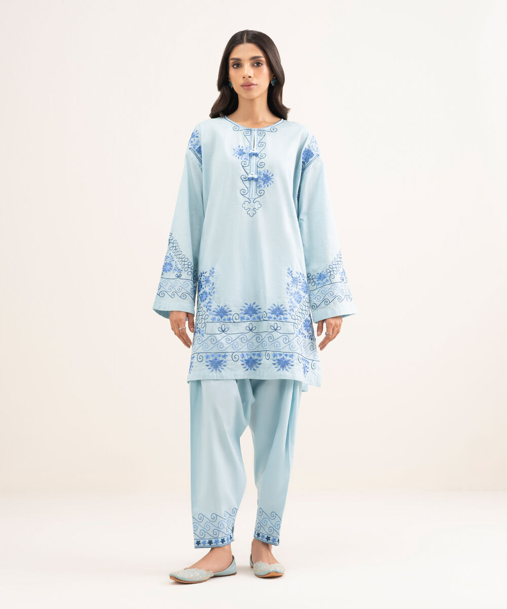 Women's RTW Self Jacquard Embroidered Blue Straight Shirt