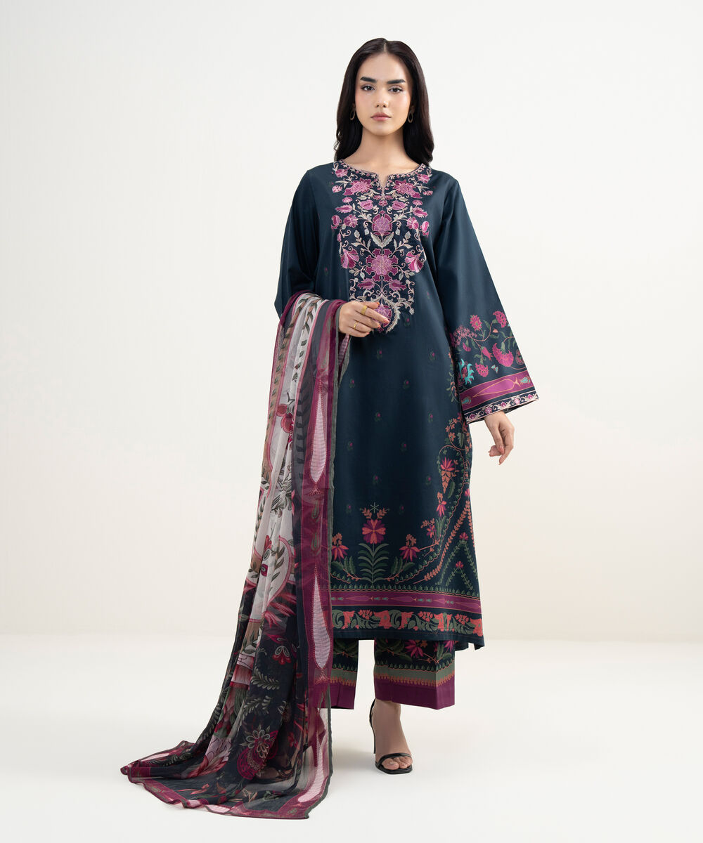 Women's RTW Cotton Satin Embroidered Black A-Line Shirt