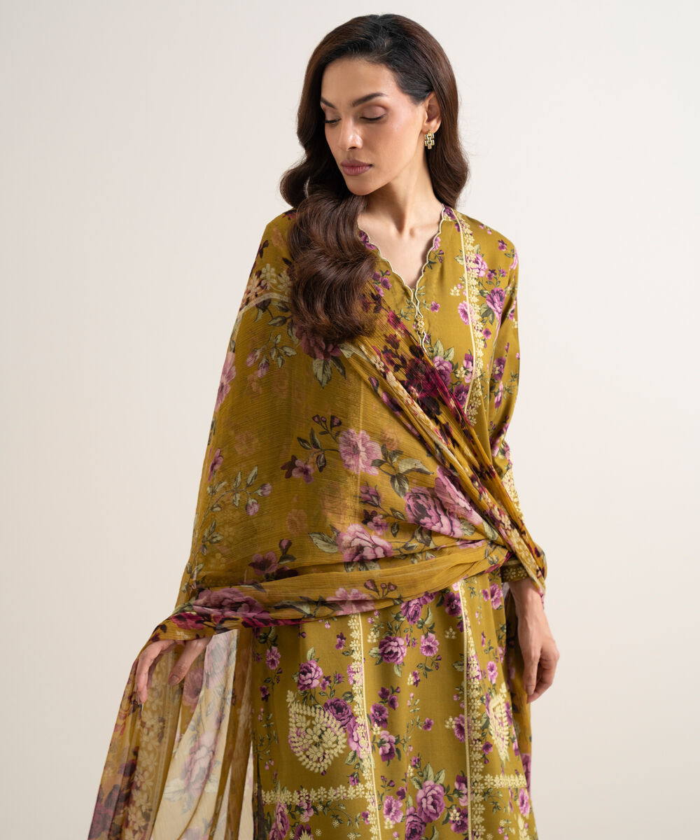 Women's Unstitched Arabic Lawn Printed Brown