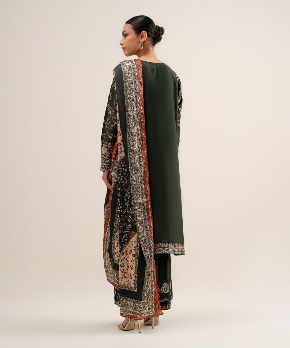 Women's Unstitched Embroidered Blended Raw Silk Green 3 Piece Suit