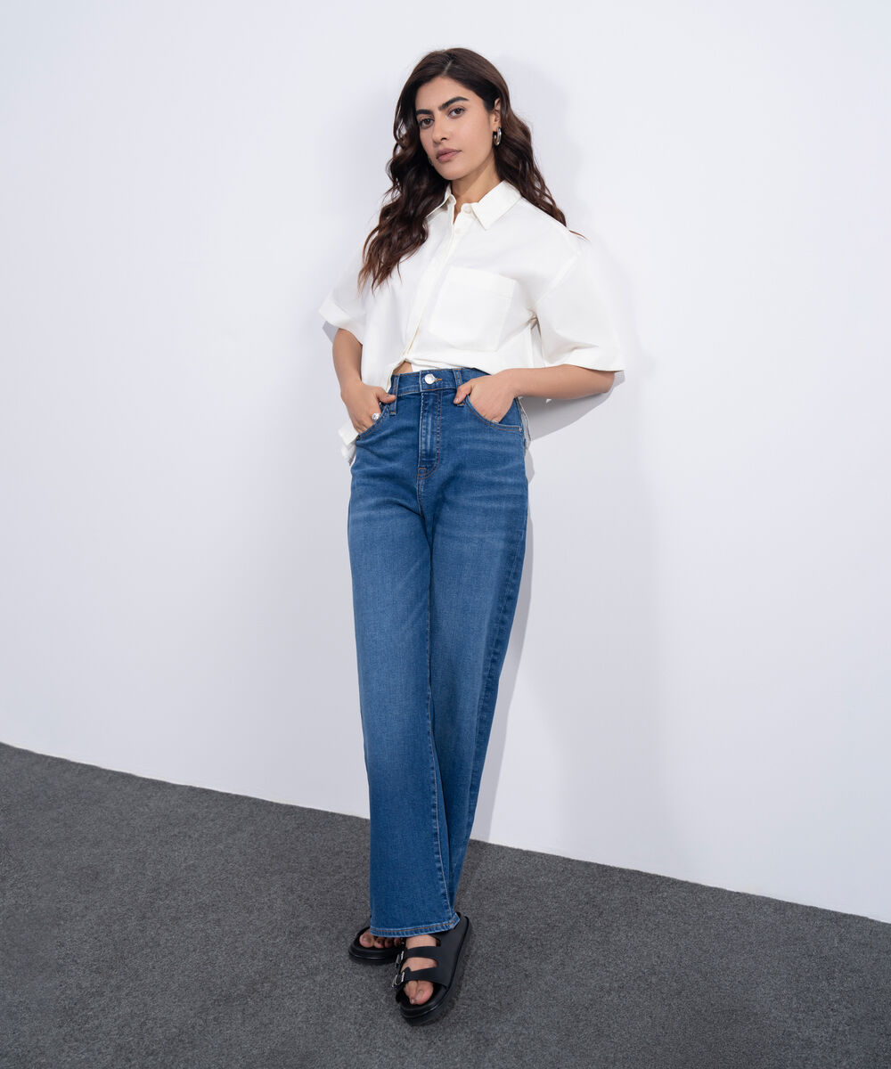 Women's Western Mid Blue Wash High Rise Ankle Straight Jeans