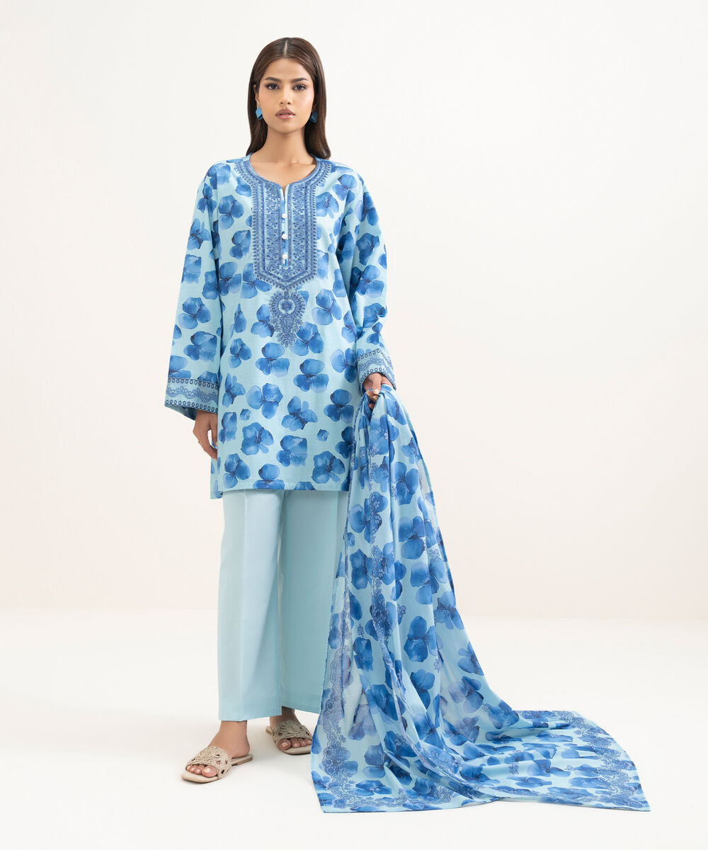 Women's RTW Cambric Embroidered Blue Straight Shirt