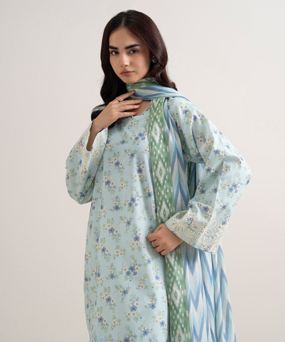 Women's Unstitched Lawn Embroidered Blue 2 Piece Suit