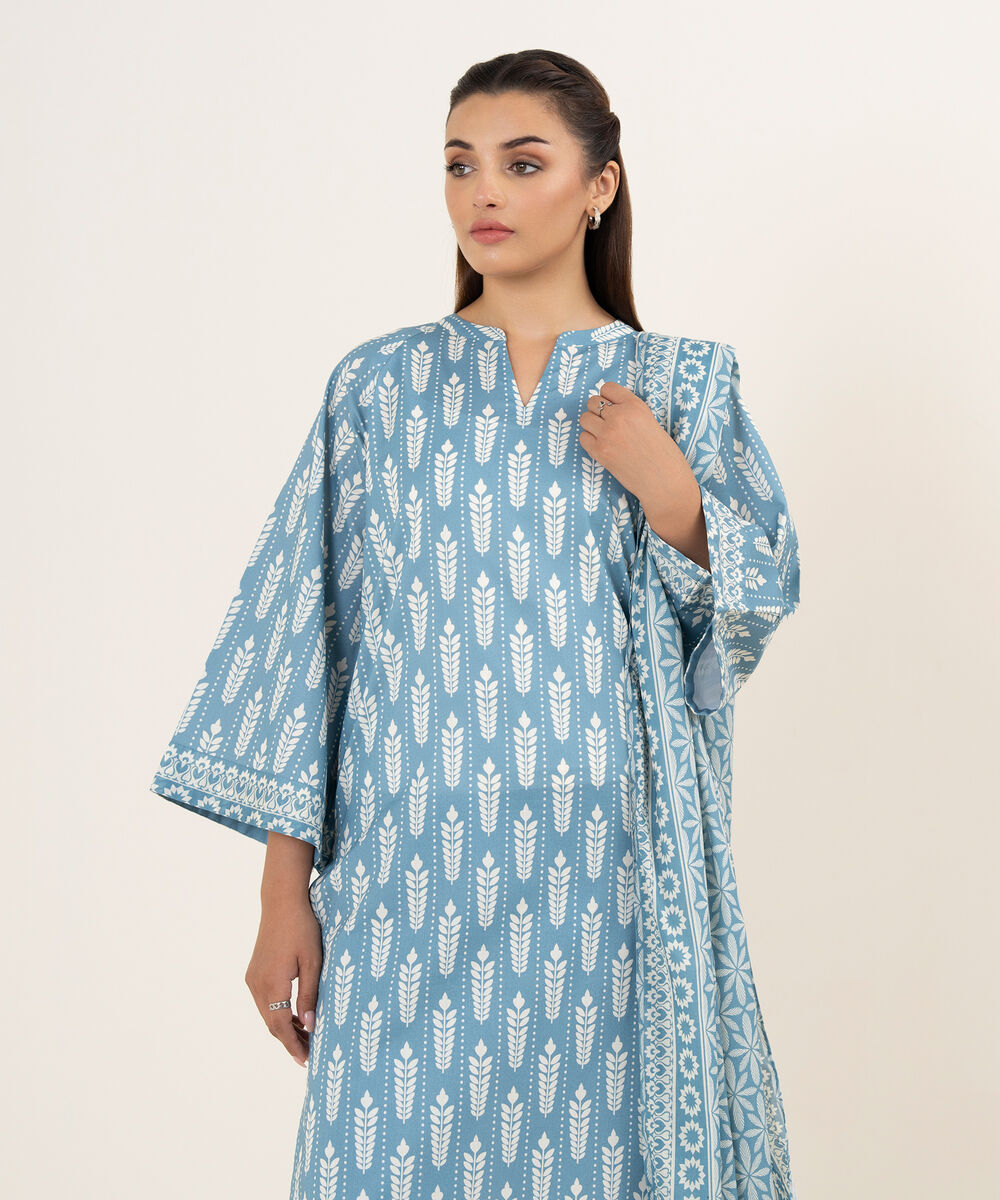 Women's Unstitched Lawn Printed Blue 3 Piece Suit