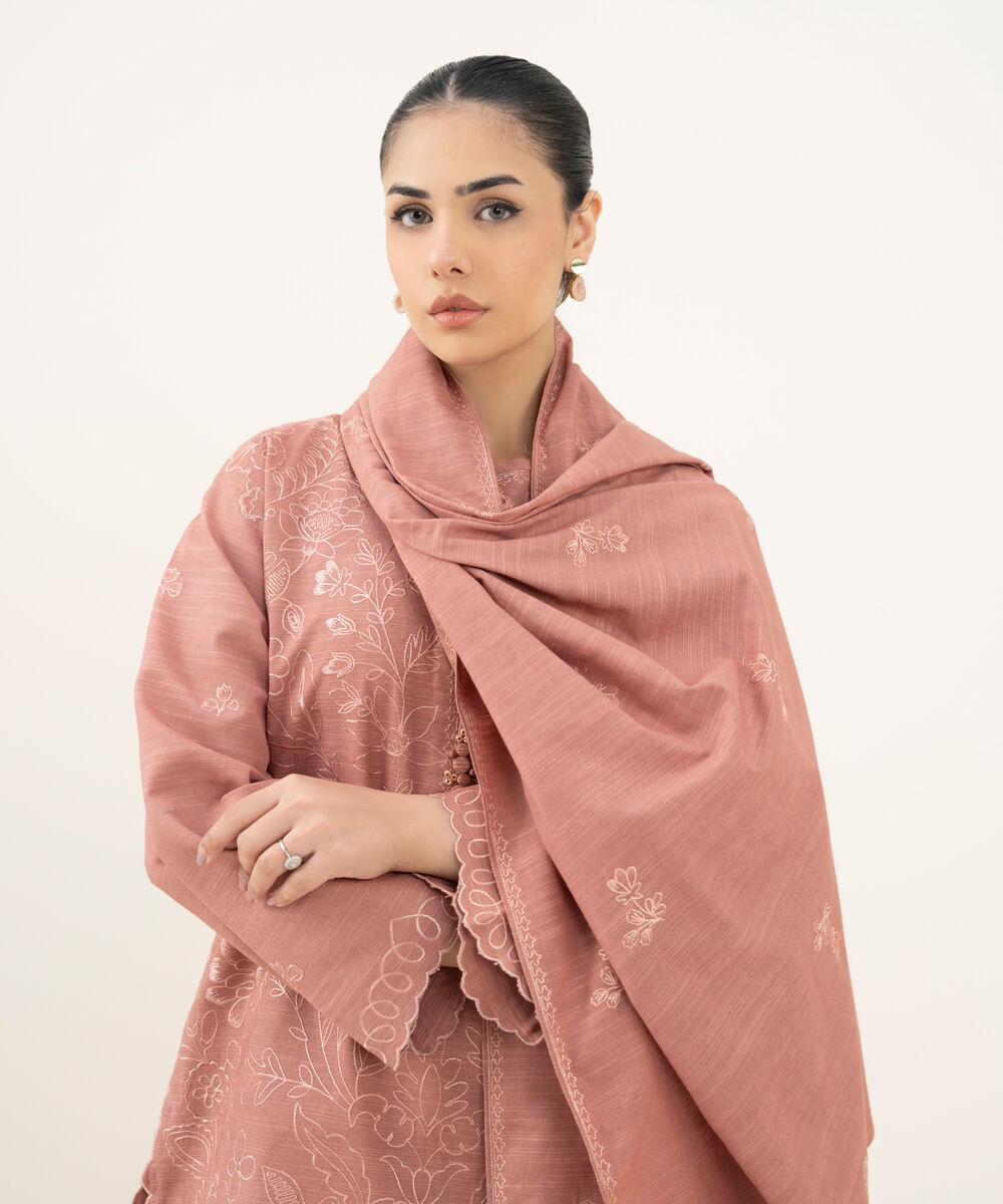 Women's Unstitched Embroidered Khaddar Tea Pink 3 Piece Suit