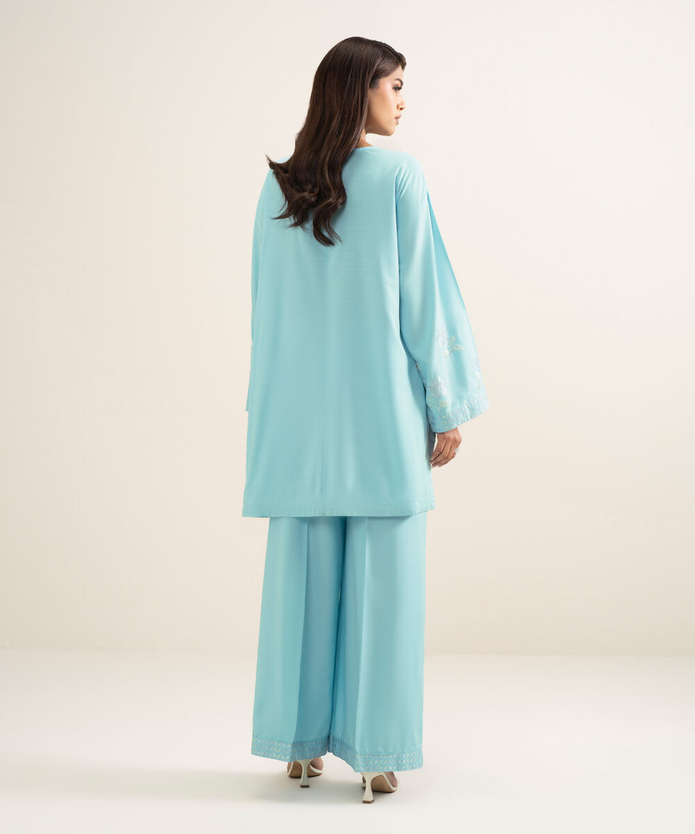 Women's RTW Cotton Viscose Embroidered Blue Straight Shirt