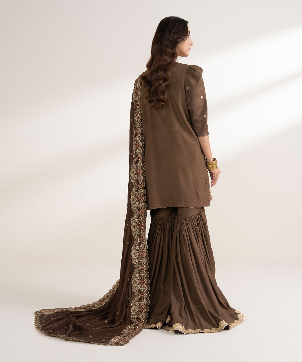 Women's Unstitched Embroidered Viscose Raw Silk Brown 3 Piece Suit