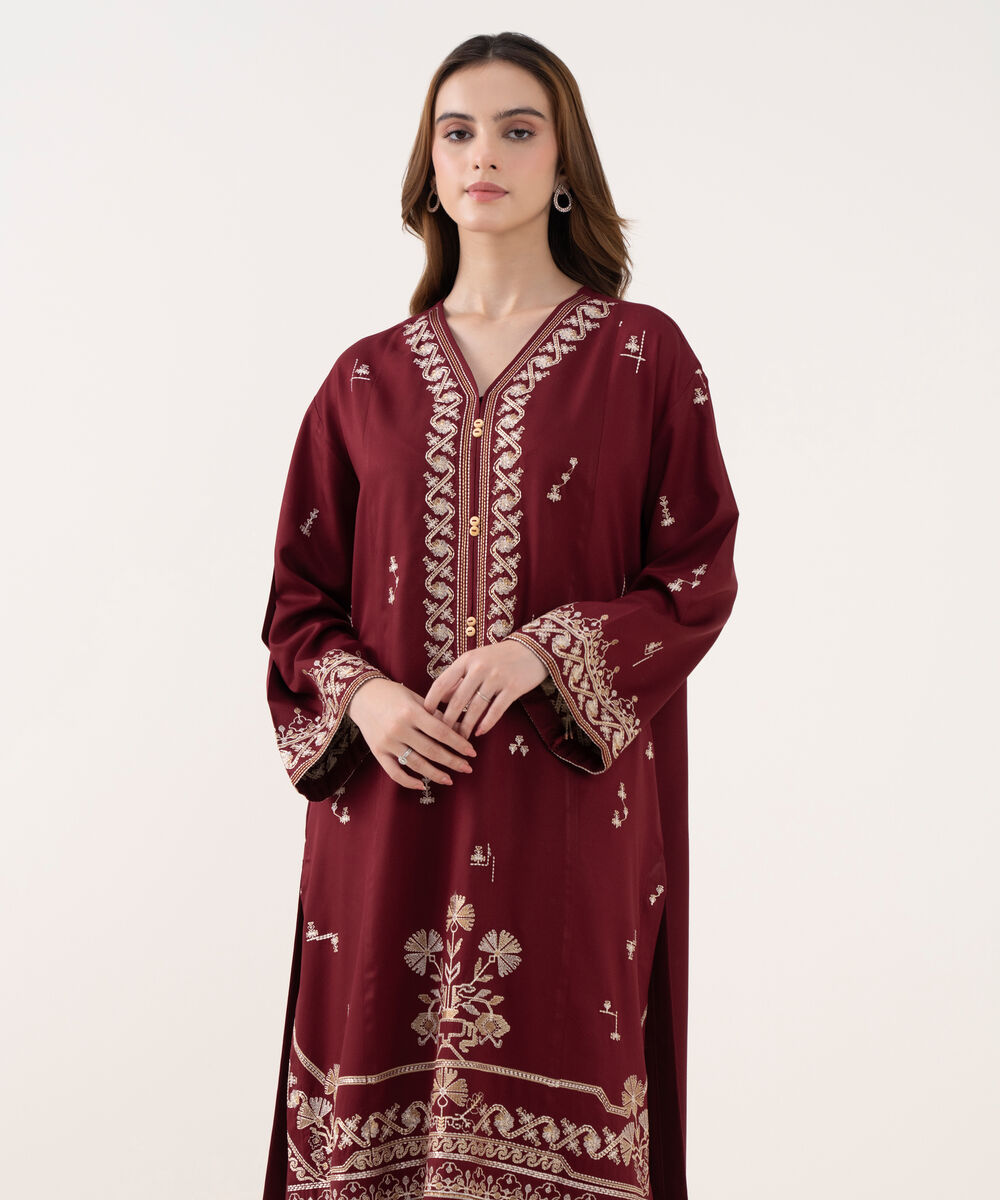 Women's RTW Viscose Marina Embroidered A-Line Red Shirt