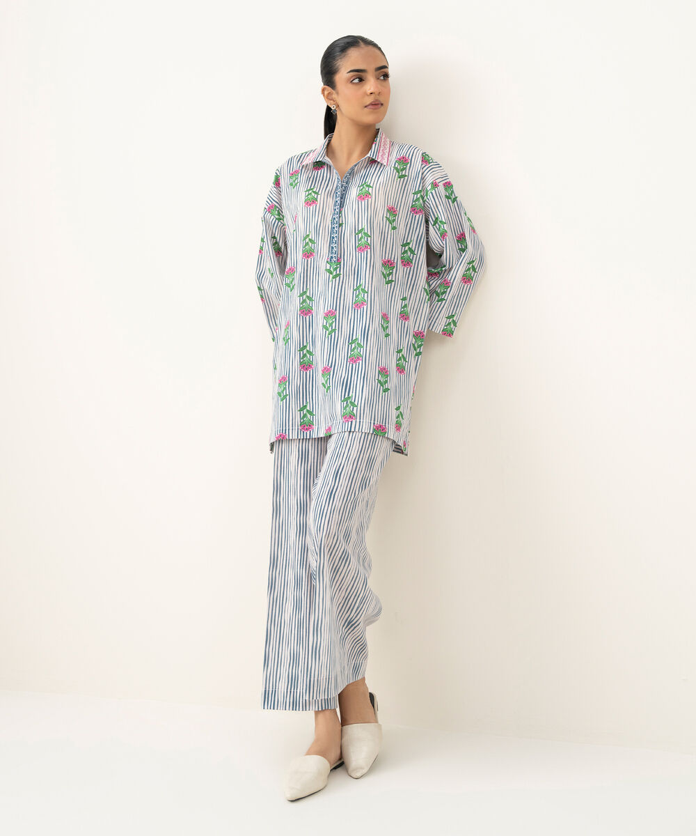 Women's RTW Crosshatch Printed White Drop Shoulder Shirt