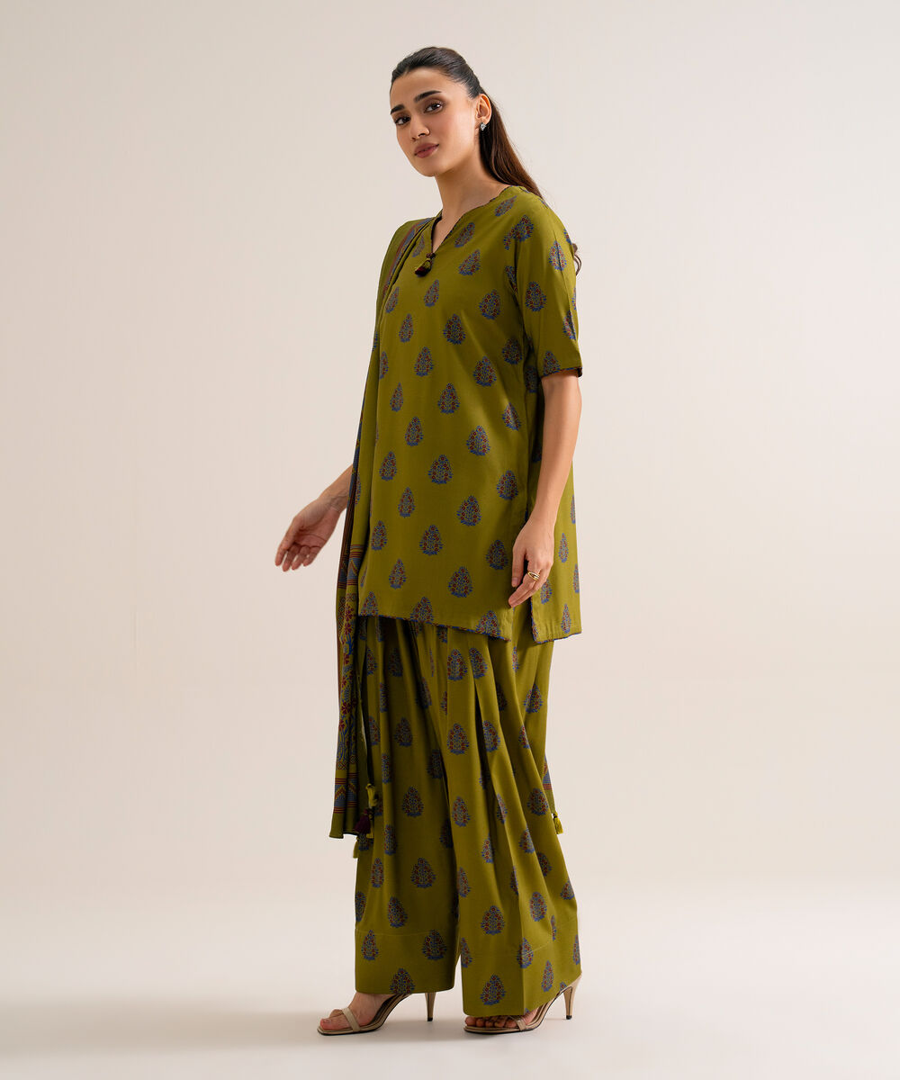 Women's Unstitched Viscose Linen Printed Olive Green 3 Piece Suit