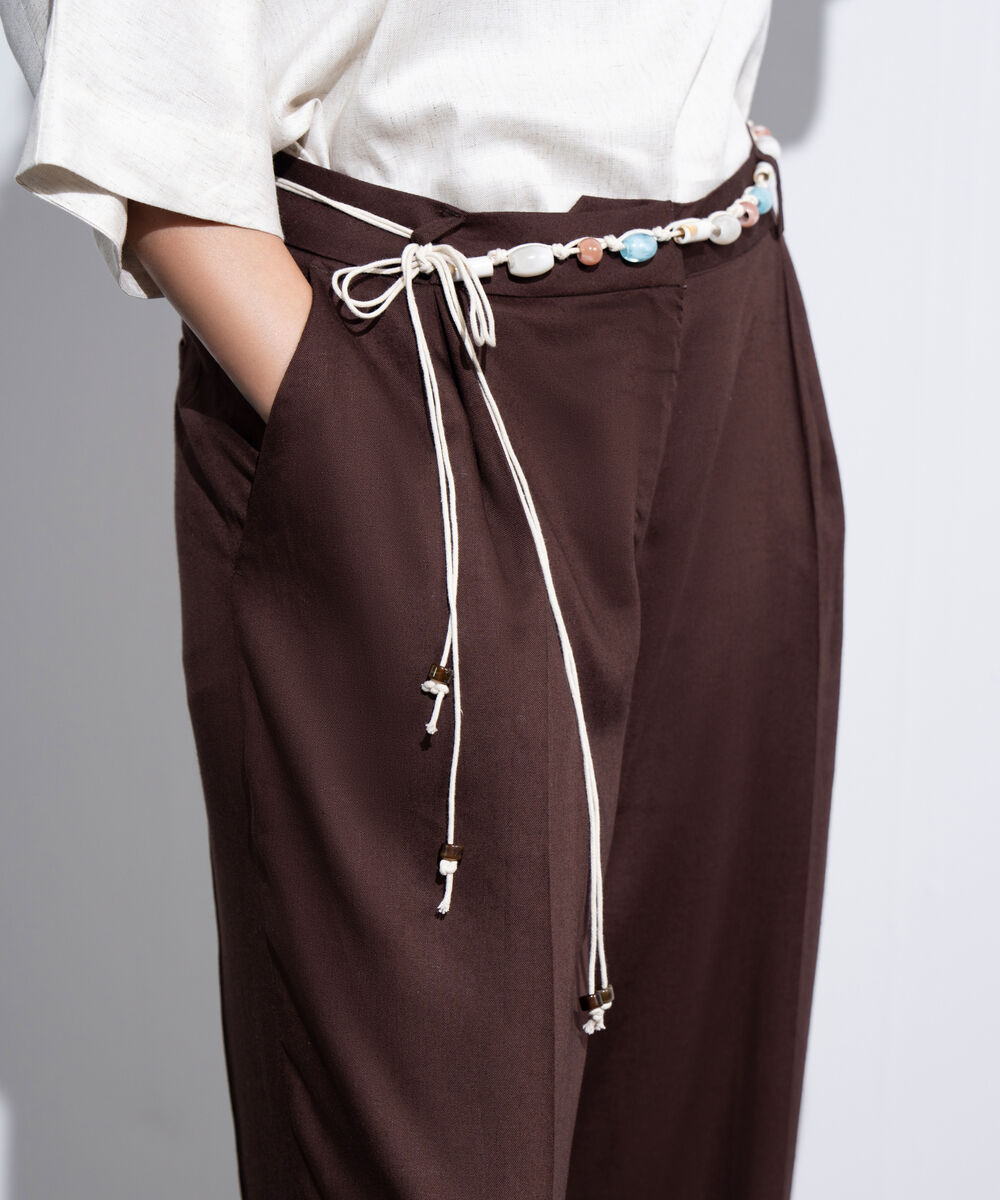 Women's Western Brown Straight Fit Pleated Trouser