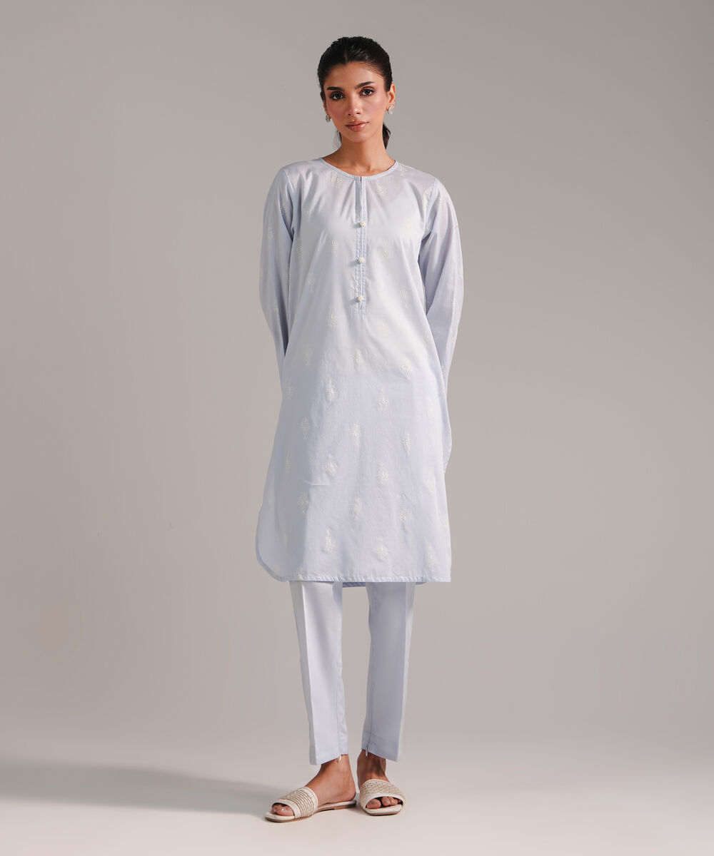 Women's RTW Lawn Printed Ice Blue Straight Shirt