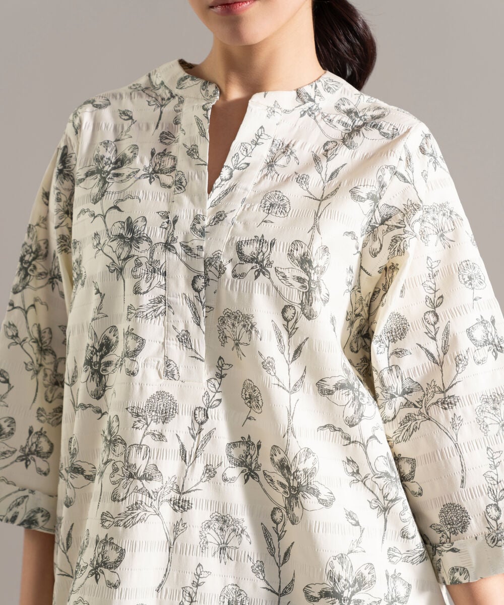 Women's RTW Seersucker Printed Cream White 2 Piece Suit
