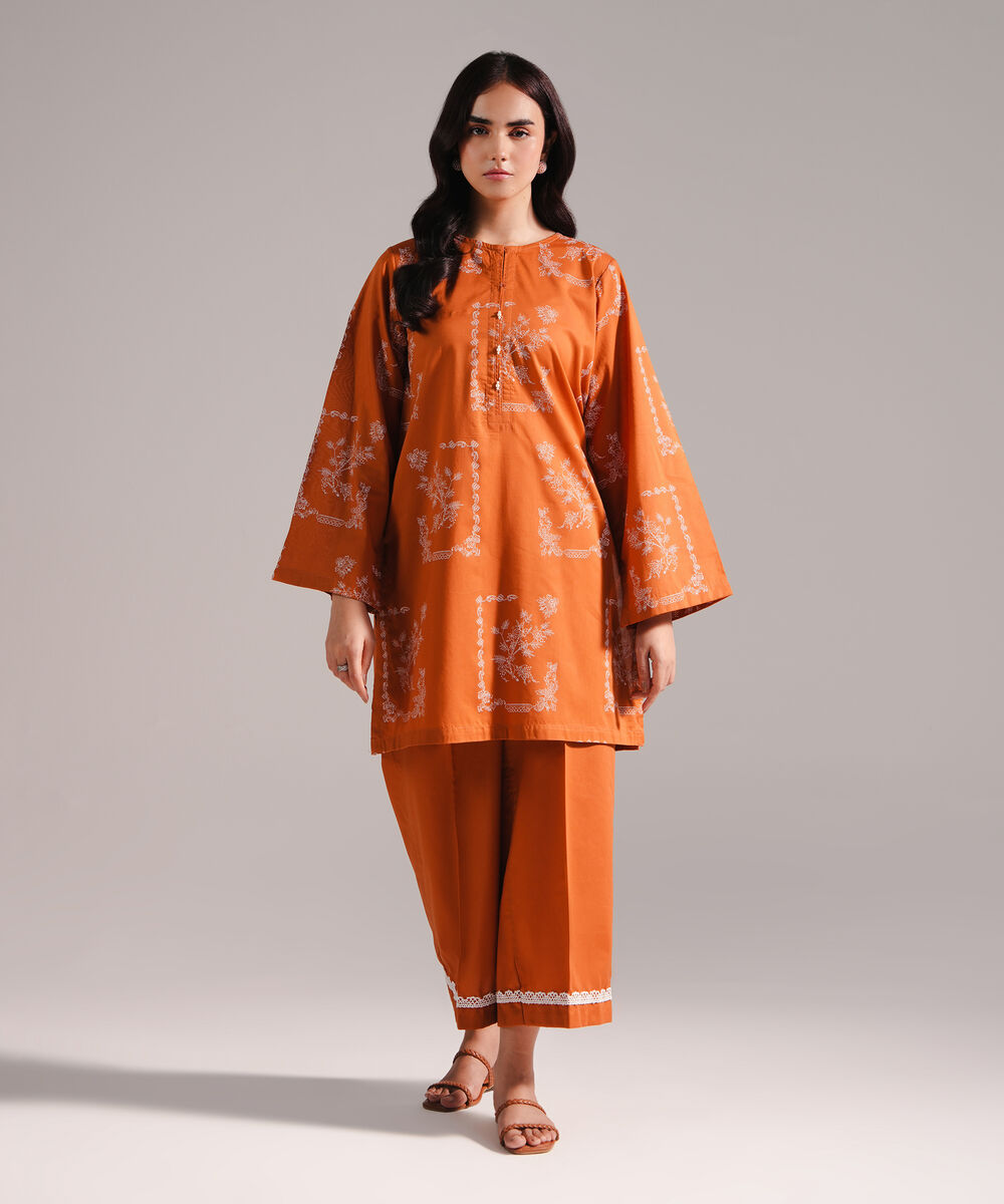 Women's RTW Lawn Printed Rust Straight Shirt