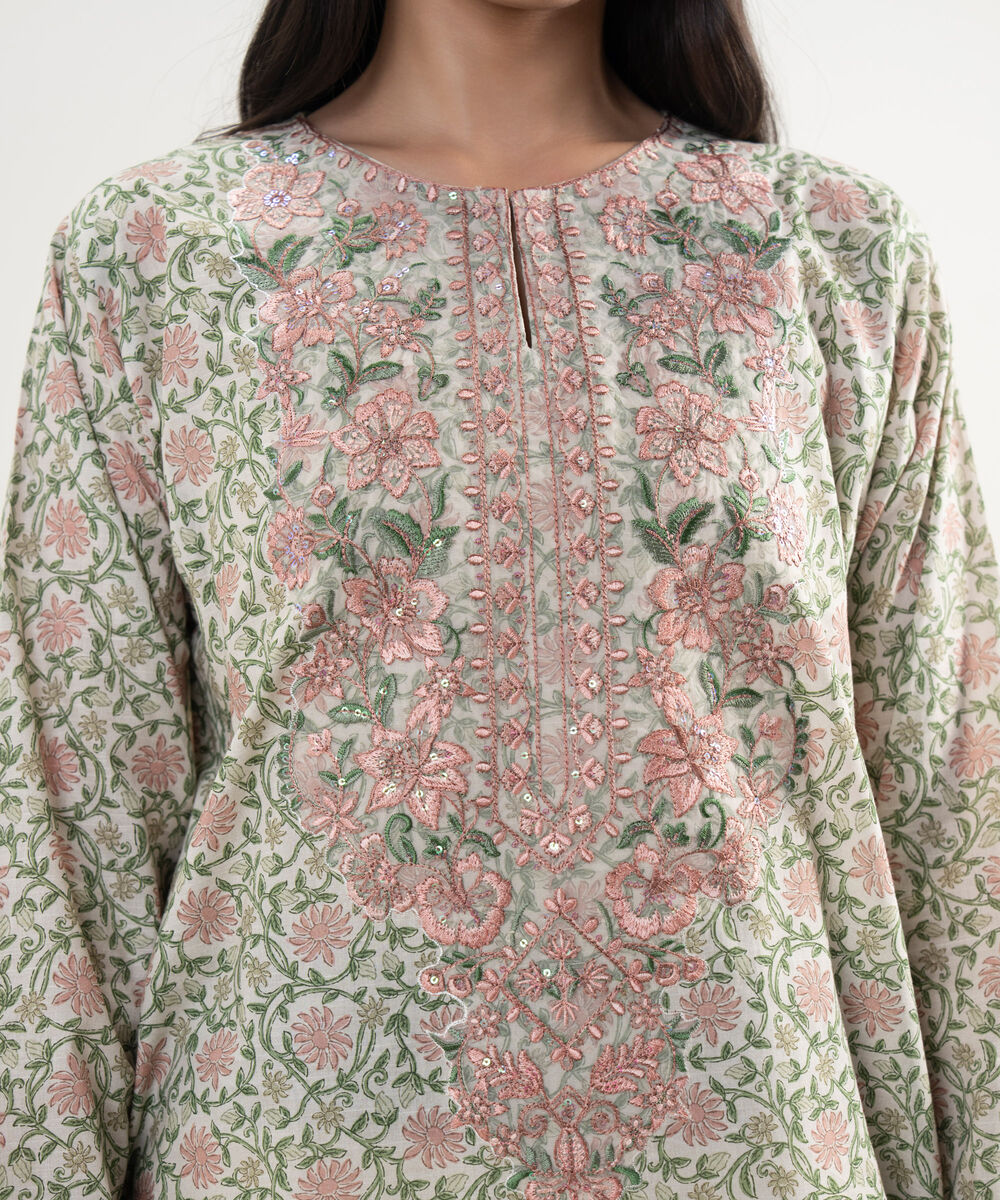 Women's RTW Slub Lawn Embroidered Beige Straight Shirt