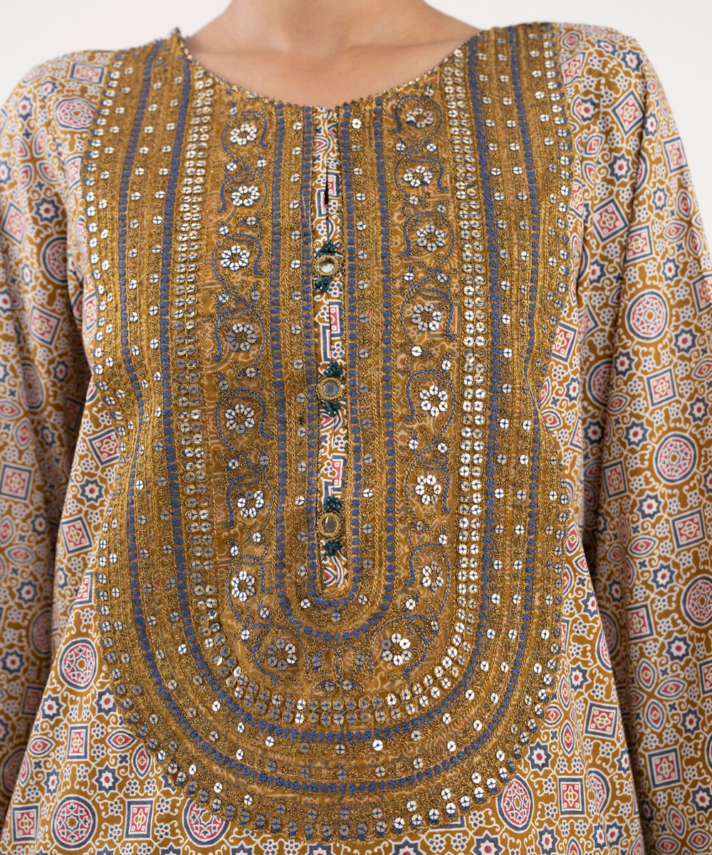 Women's RTW Textured Lawn Mustard Embroidered A-Line Shirt