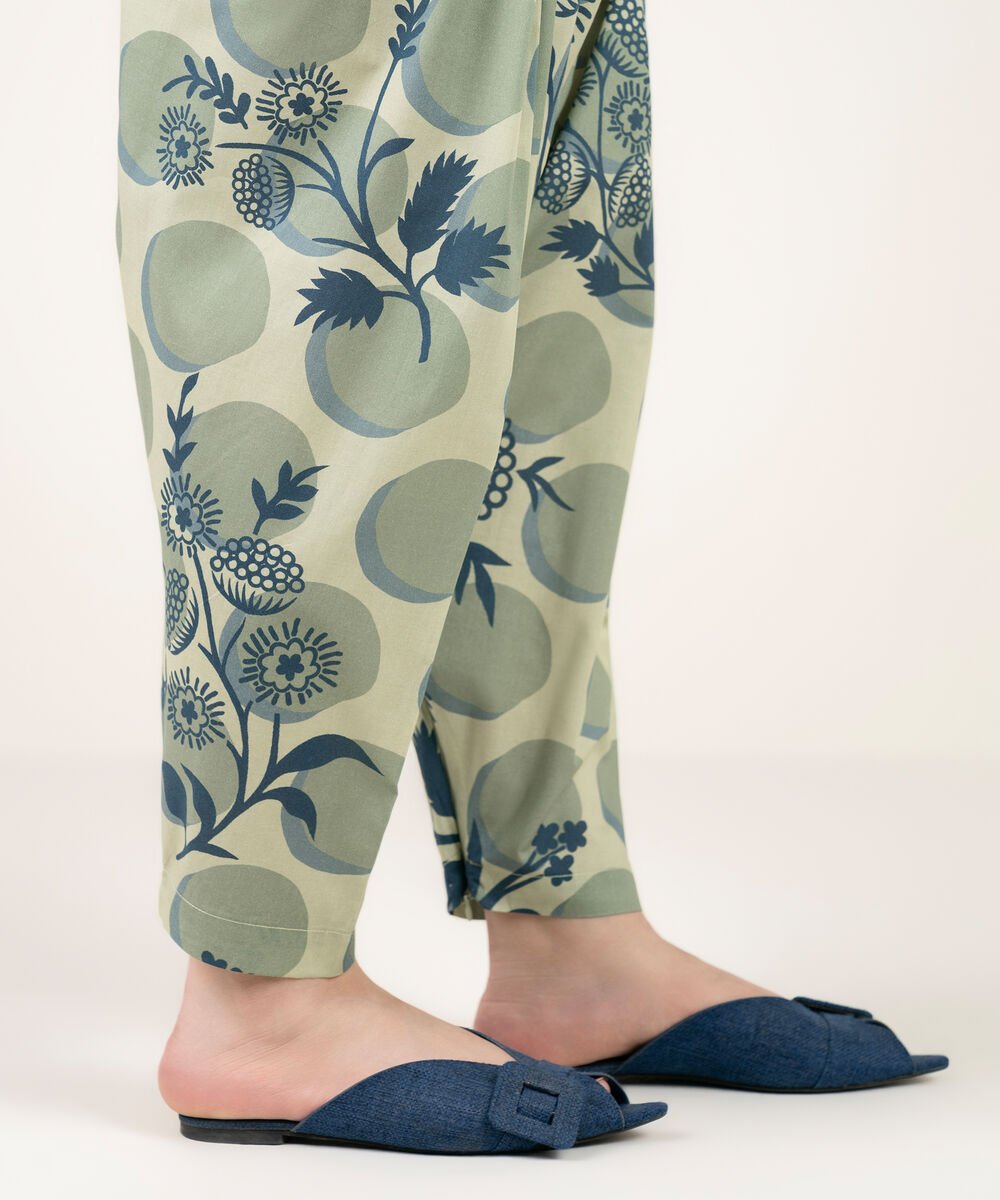 Women's RTW Cambric Printed Green Shalwar