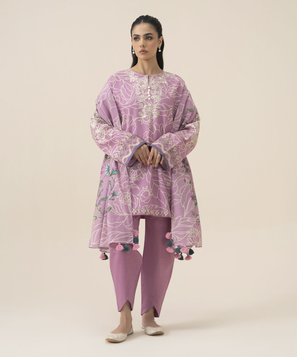 Women's Unstitched Lawn Embroidered Pink 3 Piece Suit