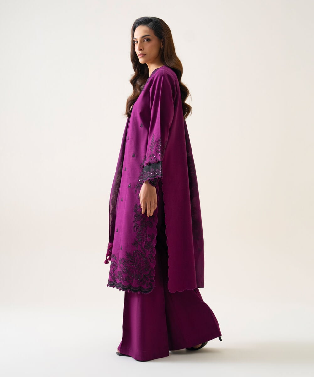 Women's Unstitched Light Khaddar Embroidered Plum 3 Piece Suit