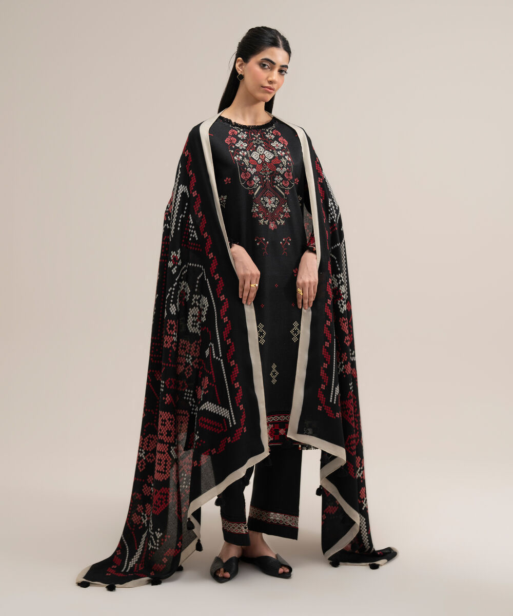 Women's Unstitched Cotton Printed Black 3 Piece Suit