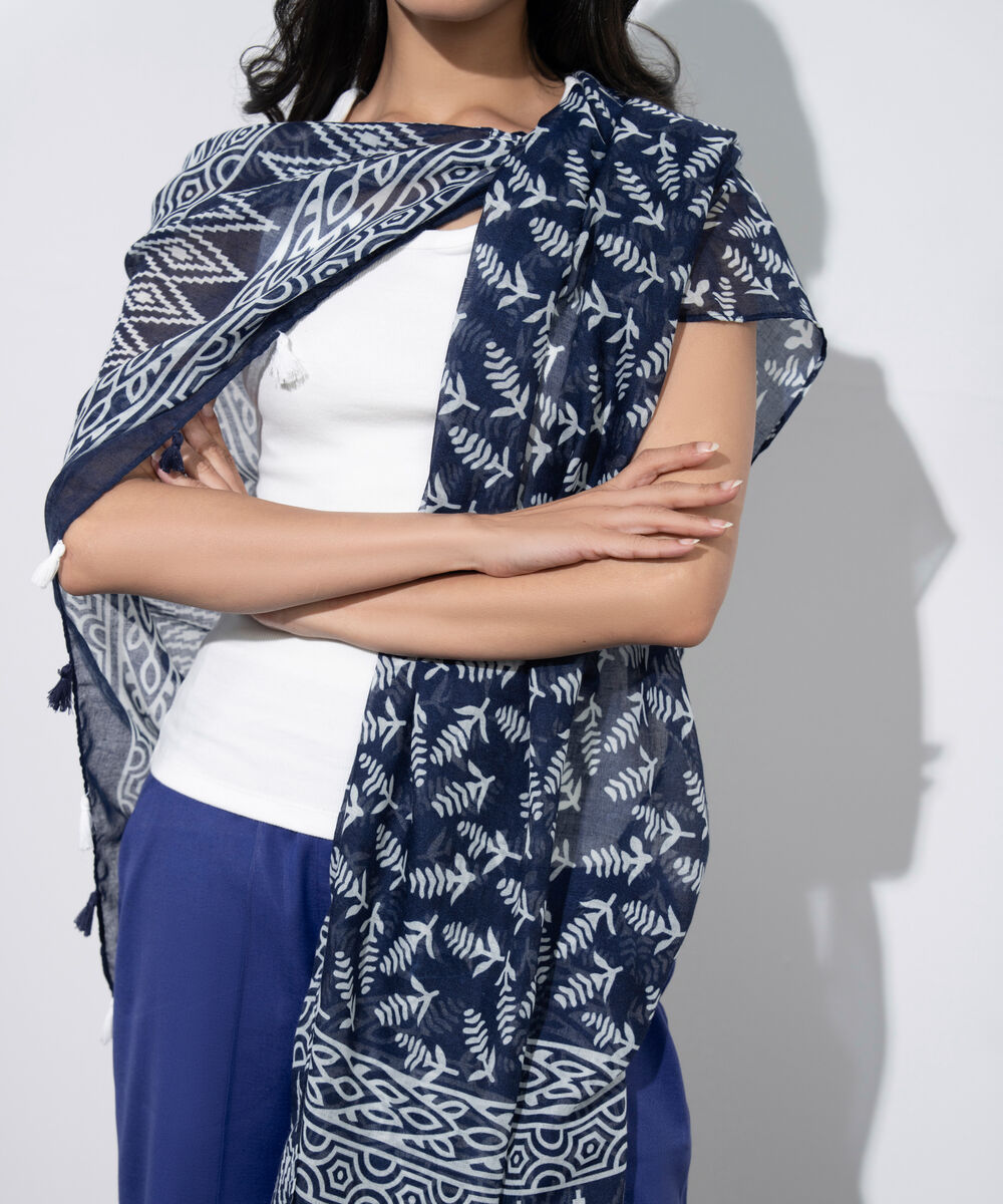Women's Western Blue Printed Rectangular Scarf