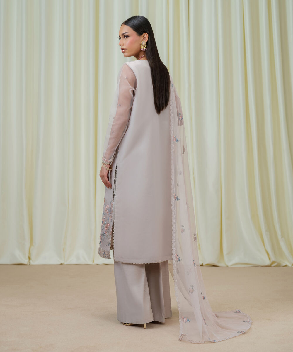 Women's Unstitched Blended Organza Embroidered Grey 3 Piece Suit