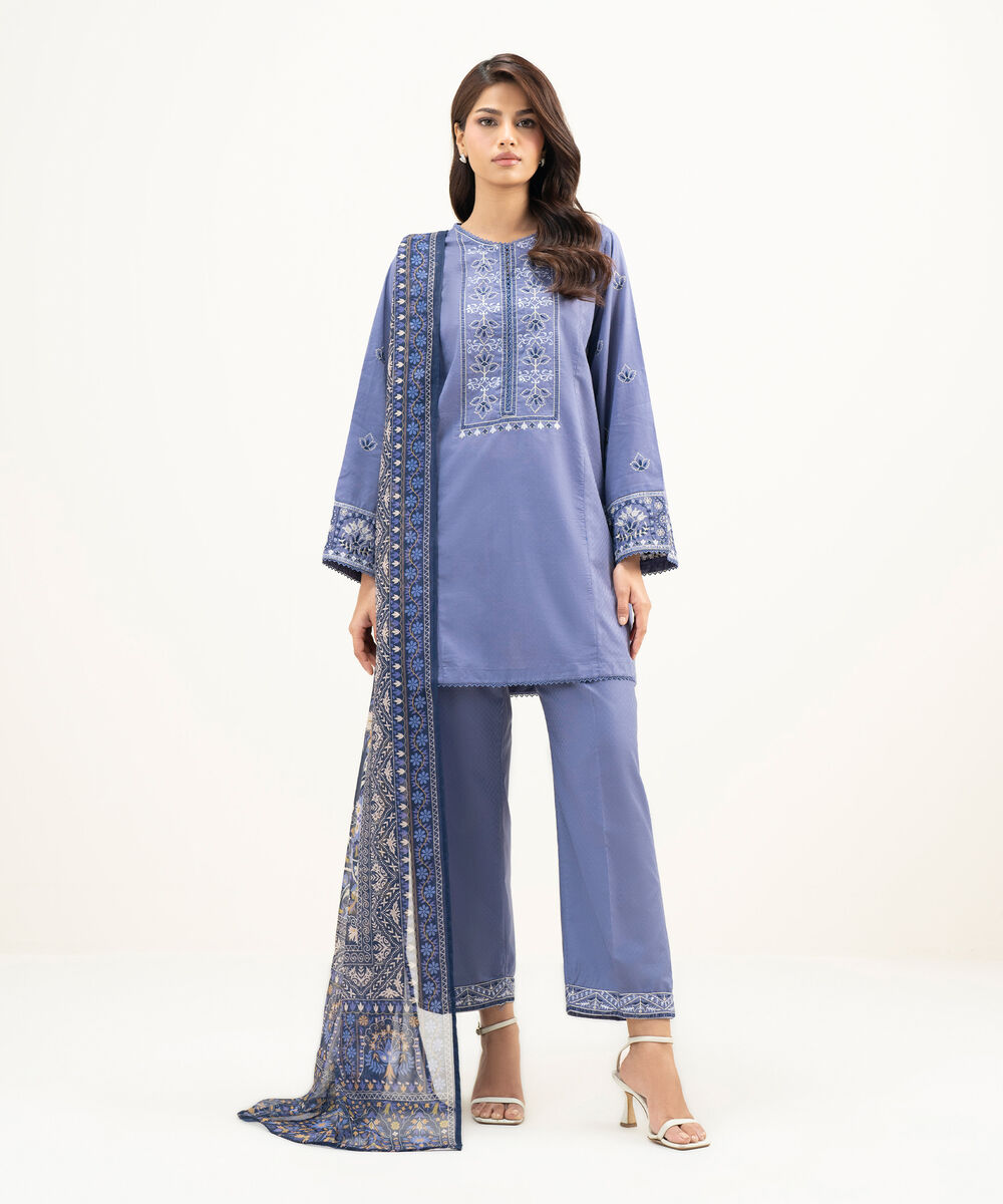 Women's RTW Dobby Embroidered Steel Blue 3 Piece Suit