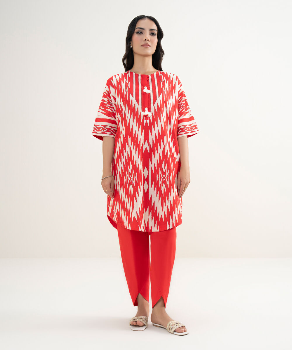 Women's RTW Lawn Printed Red Drop Shoulder Shirt
