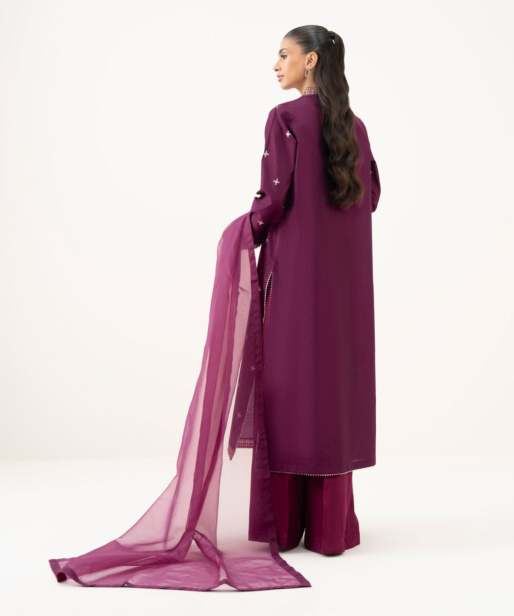 Women's RTW Blended Silk Cotton Net Embroidered Purple Three Piece Suit