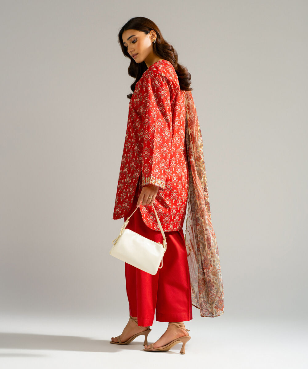 Women's RTW Self Jacquard Embroidered Red 3 Piece Suit