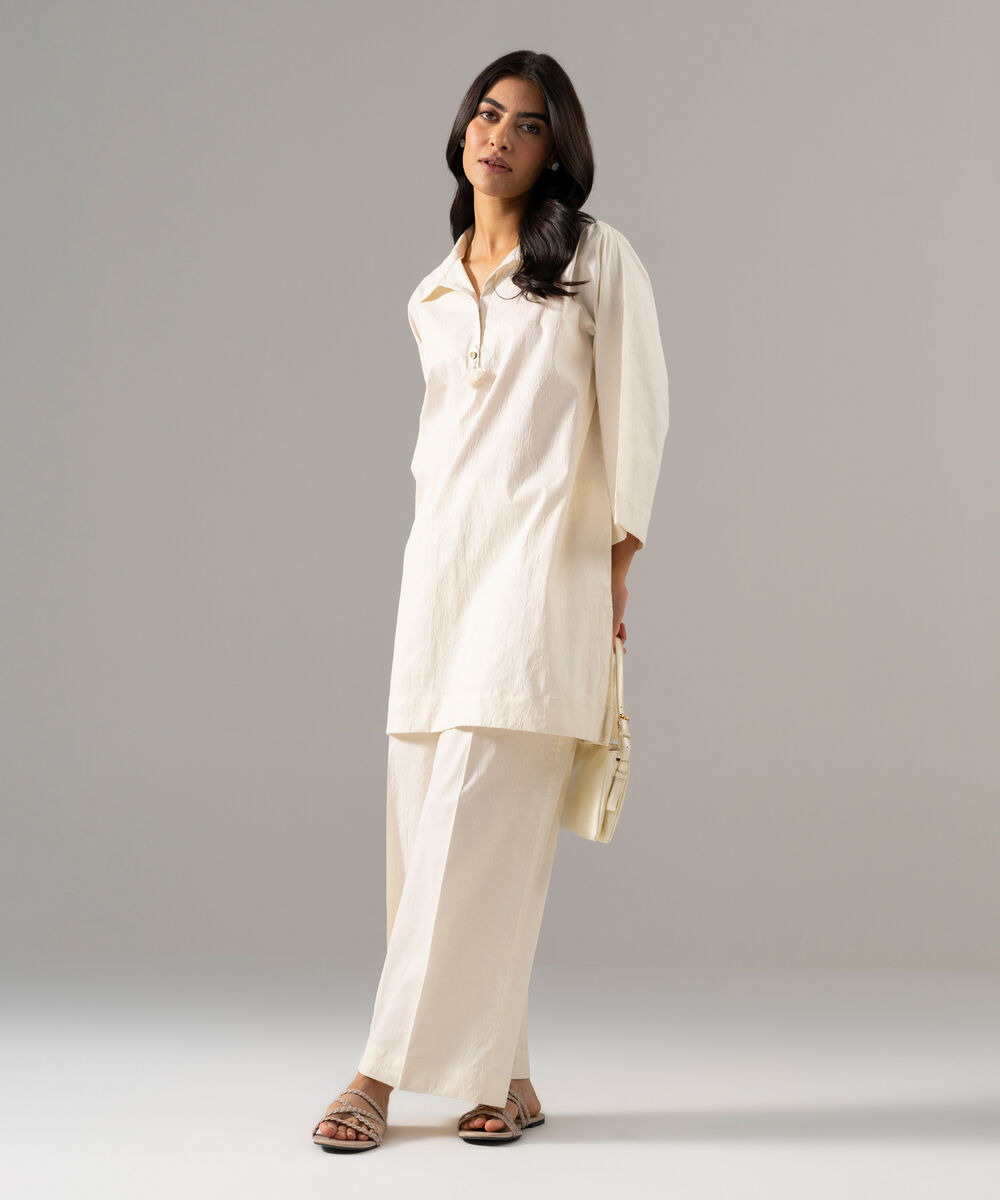 Women's RTW Textured Cotton Solid White 2 Piece Suit