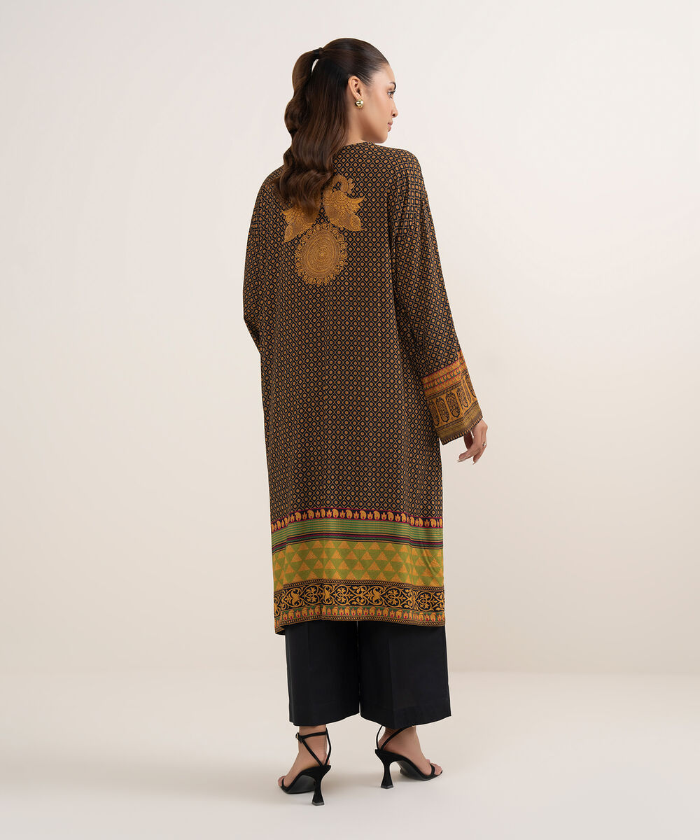 Women's RTW Arabic Lawn Black Printed Drop Shoulder Shirt