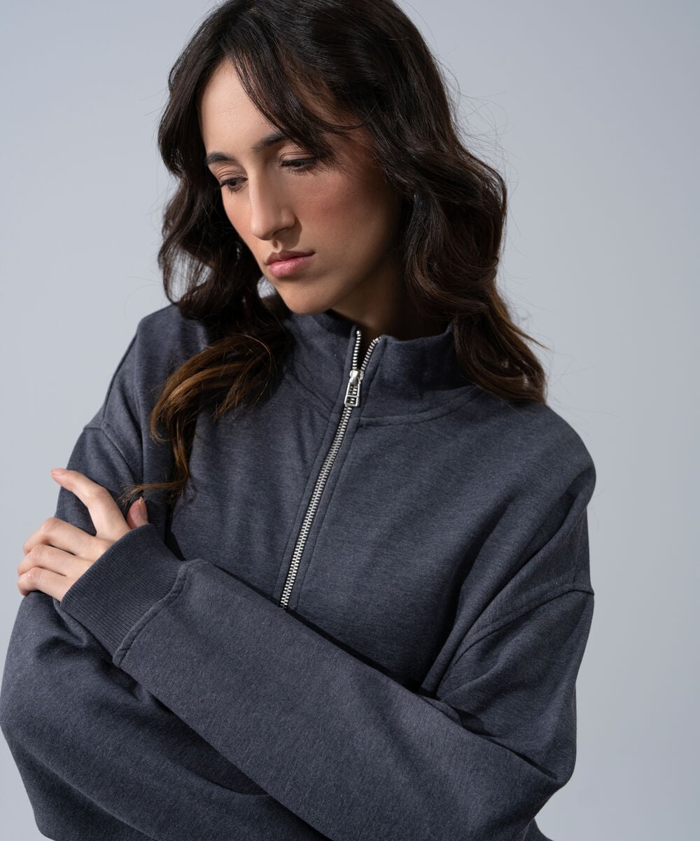 Women's Western Wear Grey Melange Zip-Up Sweatshirt