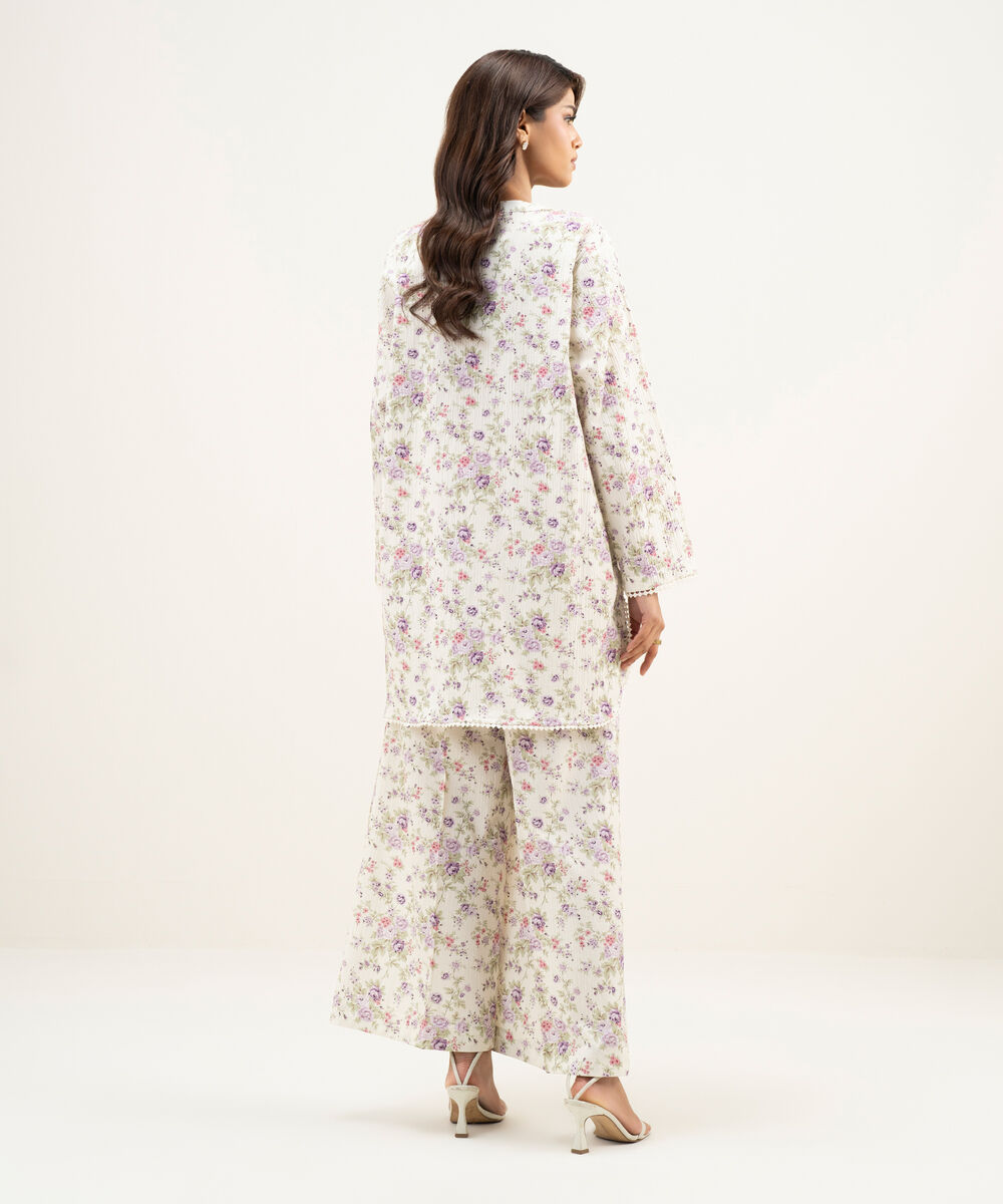 Women's RTW Seersucker Printed Off White Straight Shirt