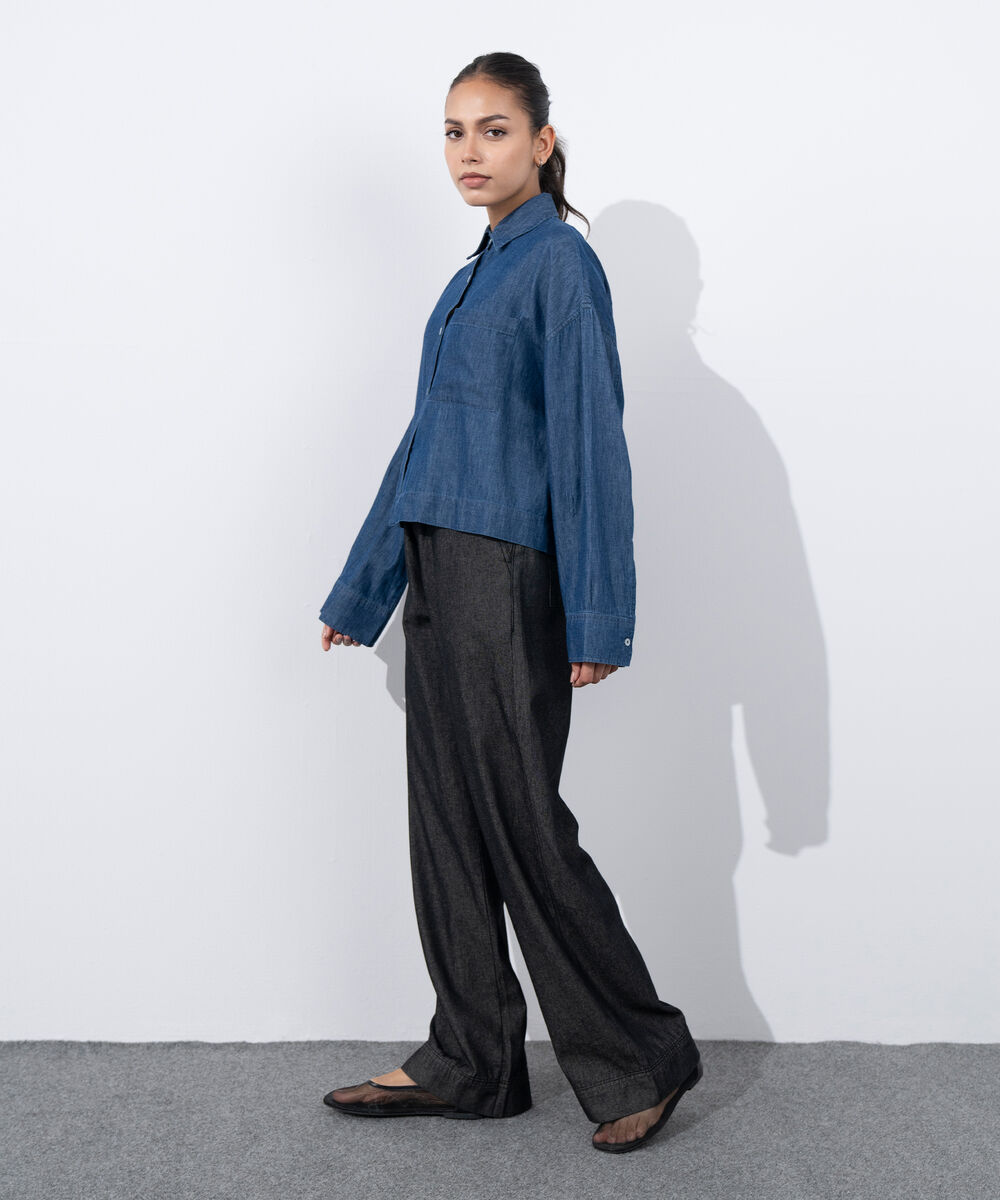 Women's Western Wear Blue Light Weight Denim Cropped Shirt