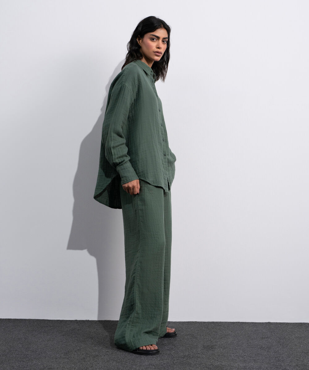Women's Green Loose-Fit Muslin Shirt