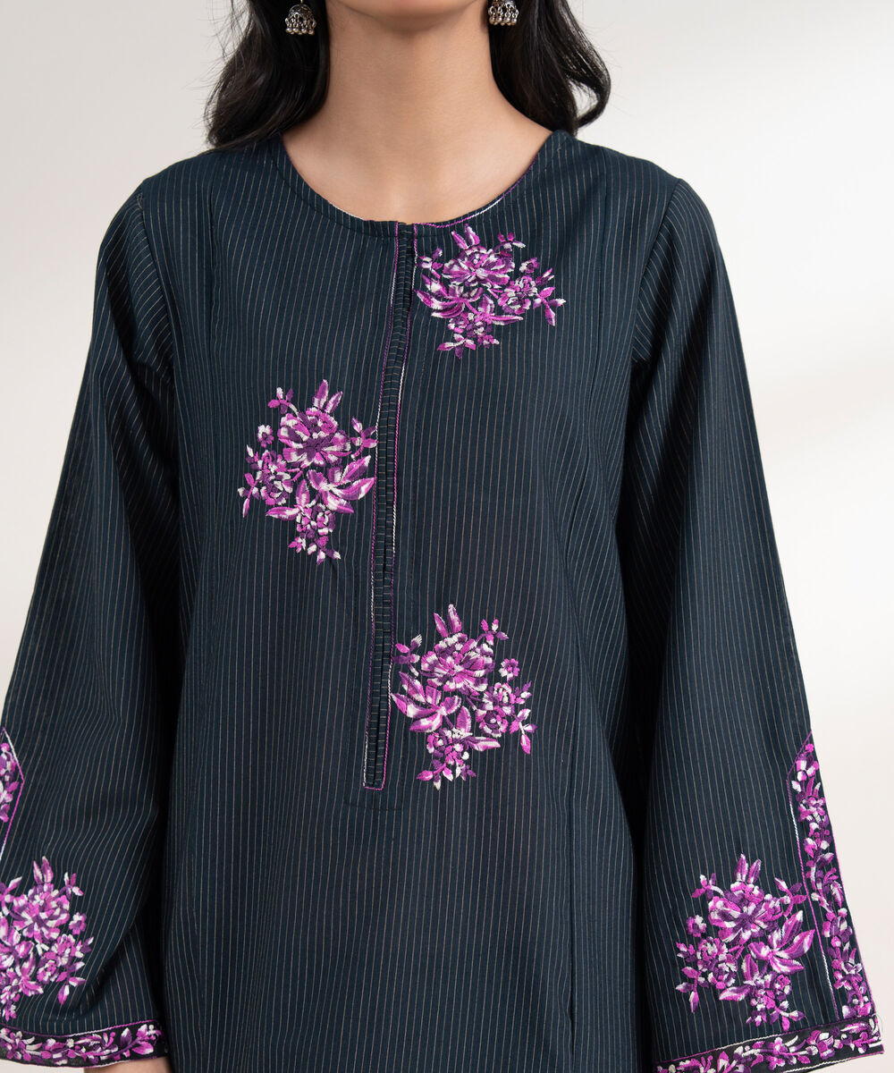 Women's RTW Zari Khaddar Embroidered Black Straight Shirt